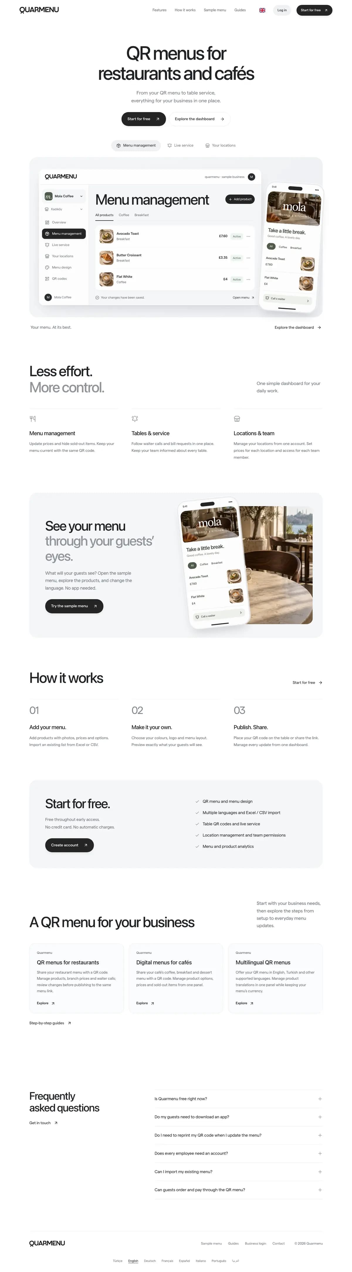 Home page of the Quarmenu website