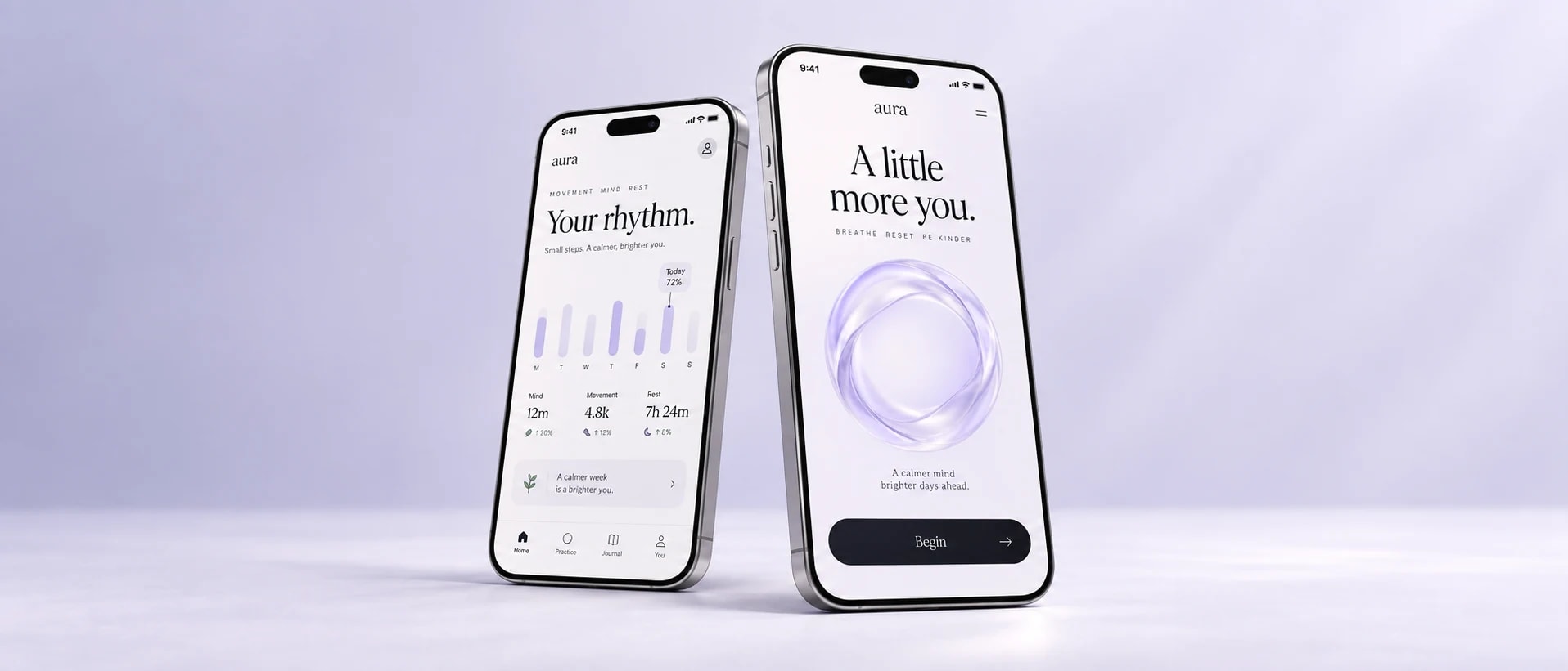Aura konsept iyi yaşam uygulamasının lavanta fonda iki telefondaki arayüzü